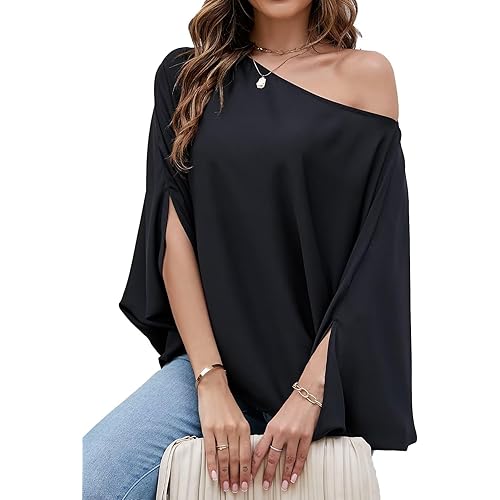 VIMPUNEC Womens Off The Shoulder Flowy Tops Casual Batwing Sleeves Blouses Loose Chiffon Shirts