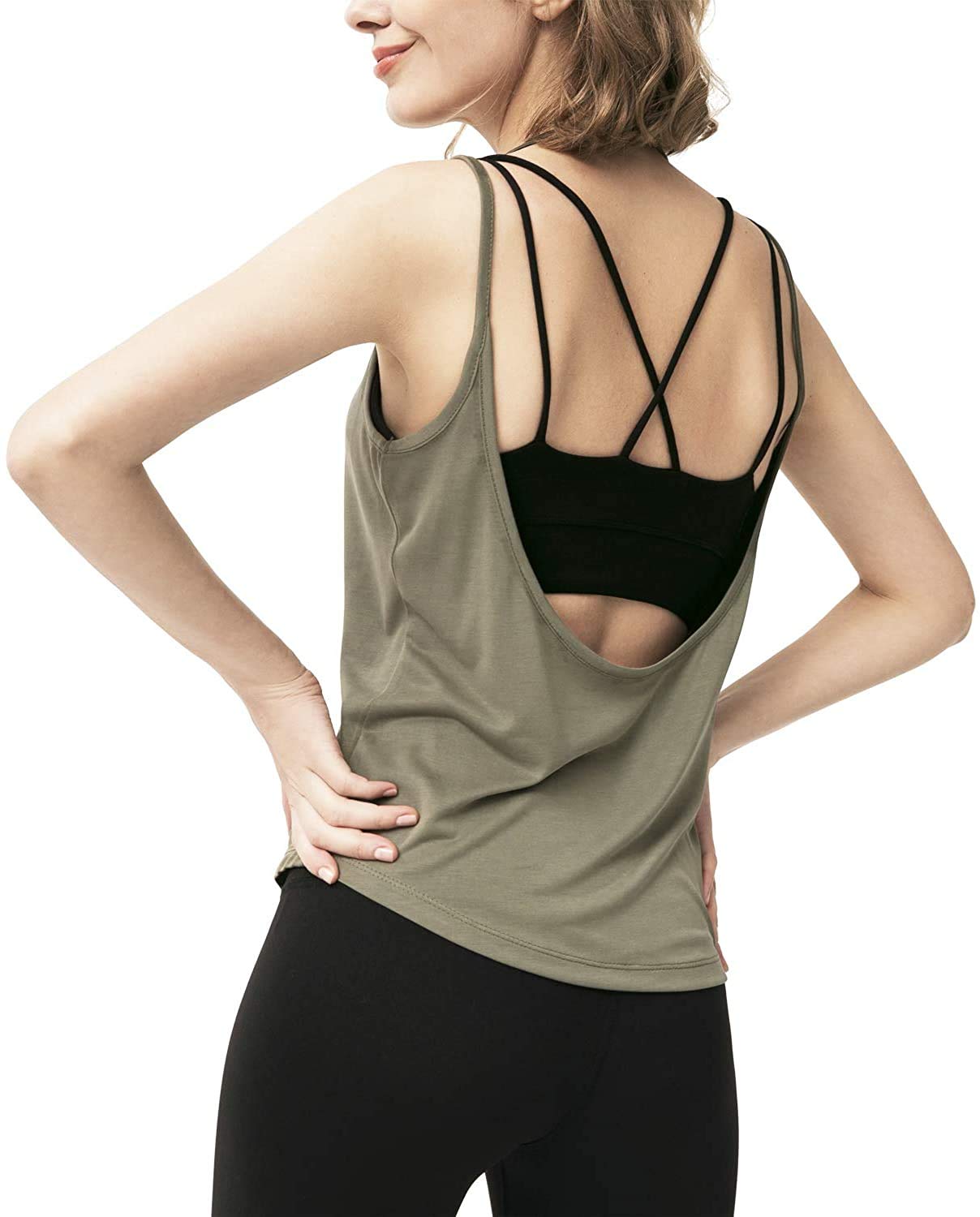MetazoWomen’s Open Back Yoga Tops, Gym Shirt Sports Tank Tops Summer Active wear Clothes