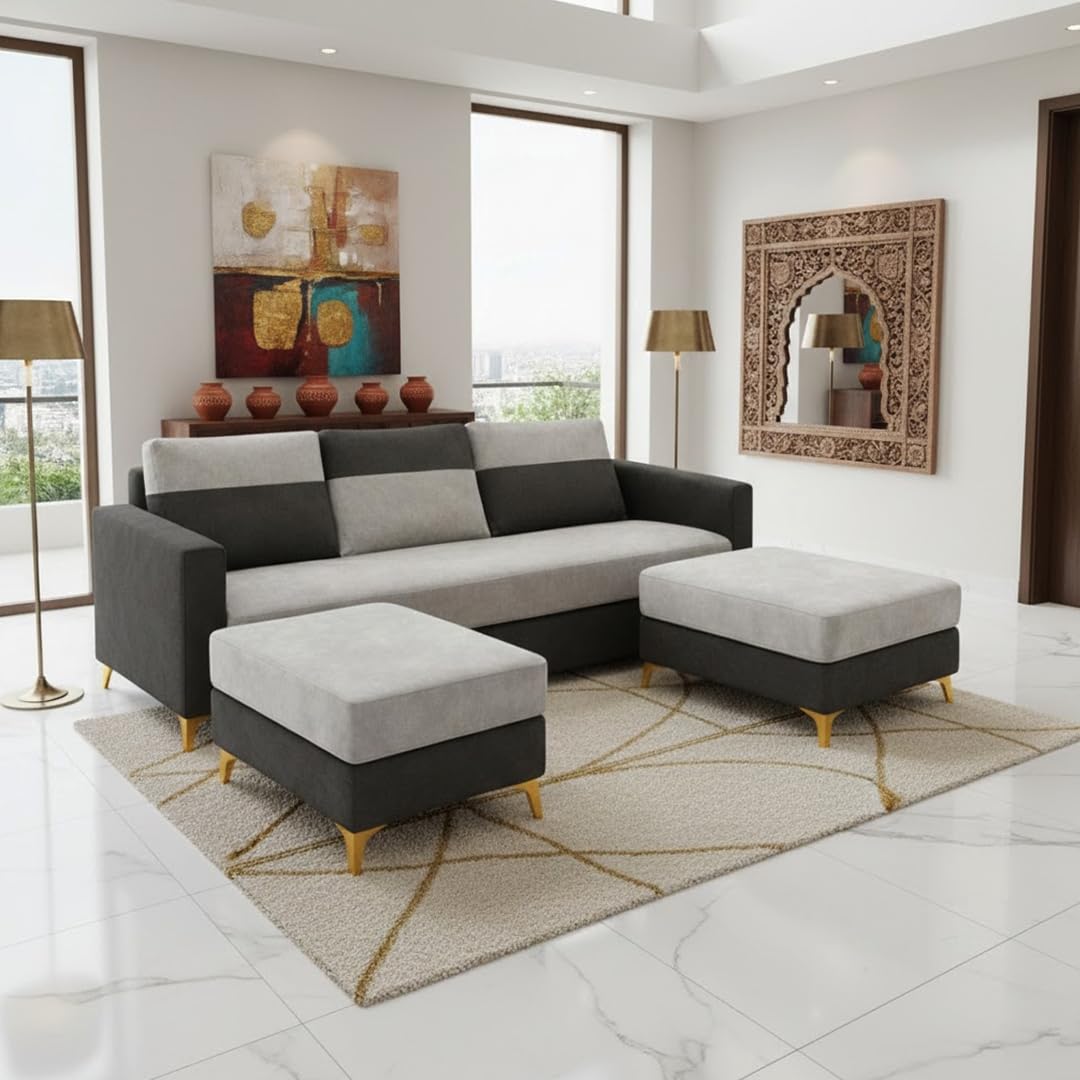 Strike Dual Tone Plush Velvet 3 Seater Sofa Set with 2 Ottoman | Silken Velvet Suede Upholstery | Golden Metal Legs | Designer Sofa for Living Rooms & Office Spaces (Light Grey & Dark Grey)-image-37