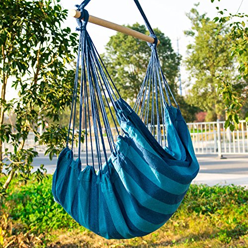 EverKing Hanging Rope Hammock Chair Porch Swing Seat, Large Hammock Net Chair Swing, Cotton Rope Porch Chair for Indoor, Outdoor, Garden, Patio, Porch, Yard - 2 Seat Cushions Included (Blue Stripe)