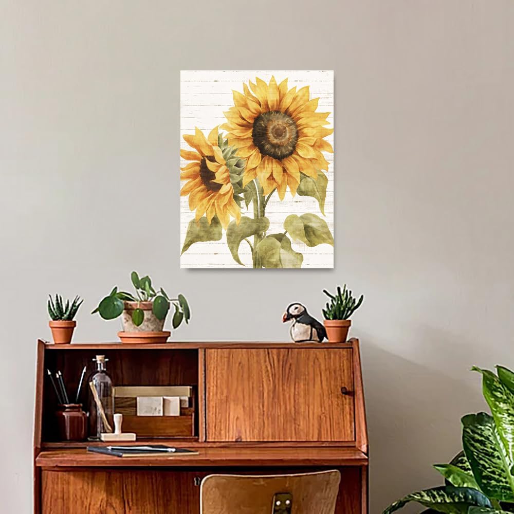 Sunflower Pictures Handpainted Rustic Flower Canvas Pictures Decor Sunflower Wall Art Painting Farmhouse Floral Print on Canvas for Living Room 16"X24"
