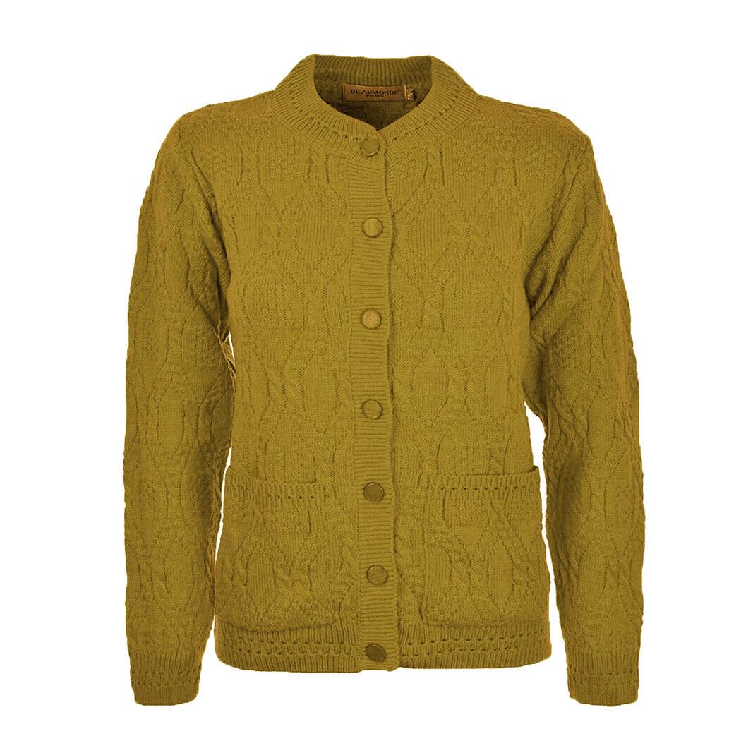 WearAll Women's Ladies Long Sleeve Button Top Aran Knitted Cardigan Button Clouse Crew Neck UK (22/24, Mustard)