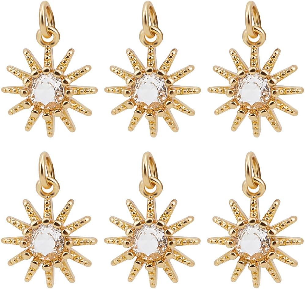 Beebeecraft 1 Box 10Pcs Sun Charms 18K Gold Plated Brass Cubic Zirconia Celestial Shape Pendant with Jump Ring for Jewelry Making DIY Bracelet Necklace Findings