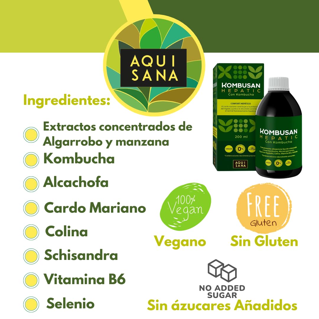 Kombusan Hepatic - Complemento Alimenticio a Base de Kombucha -Formato 200 ml- Favorece la Protección del Hígado - Ideal para Mejorar la Digestión - Alto Contenido en Vitaminas - Aquisana