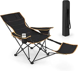 Costway Folding Camping Chair with Footrest, Camping Lounge Chair with Adjustable Backrest, Padded Cushion, Cooler Bag & C...