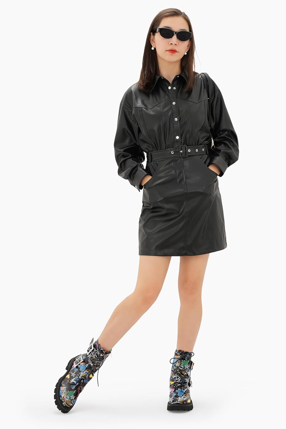 Women's Leather Platform Lug Sole Low Chunky Heel Combat Boots Lace Up Buckles Zipper Fashion Ankle Booties