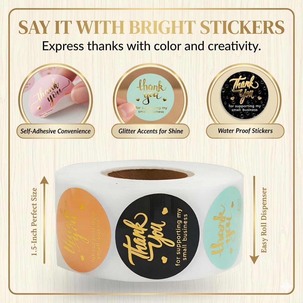 Gold Foil Appreciation Labels BUNCHBRAVO 500 Thank You Stickers Roll ...