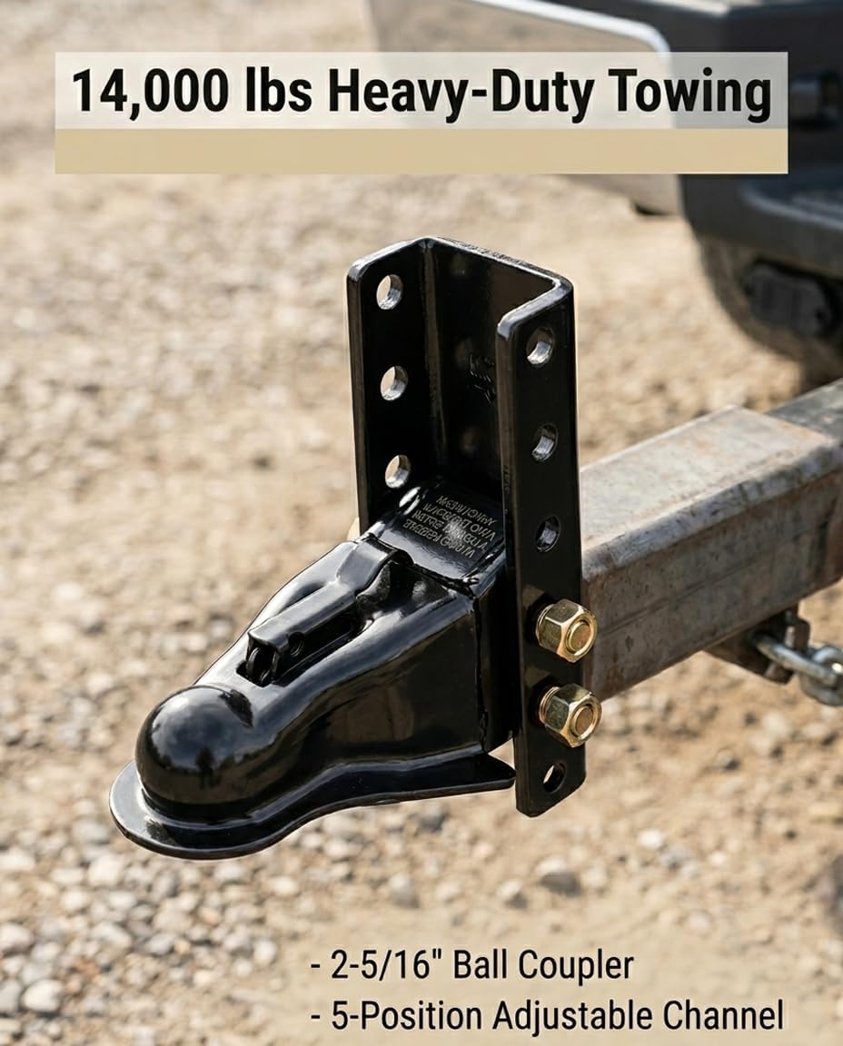2-5/16" Adjustable Trailer Coupler with 5-Position Channel & Fasteners, 14,000 lbs Capacity Heavy Duty Ball Coupler for RV, Utility & Construction Trailers, Bolt-On 6-Hole Channel Mount