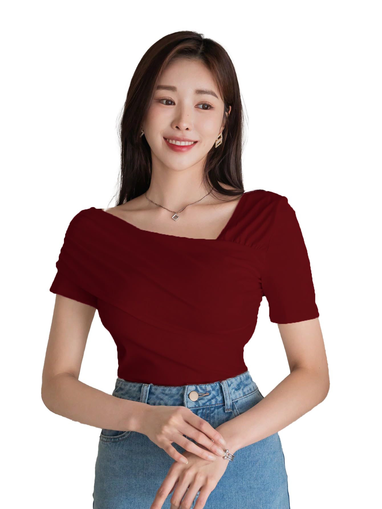 Istyle Can Womens Solid Maroon Color Asymmetrical Ruched Stretchy Basic Short Sleeve T-Shirt (in, Alpha, L, Regular, Maroon) (B0DFML8TNM) Amazon Price History, Amazon Price Tracker