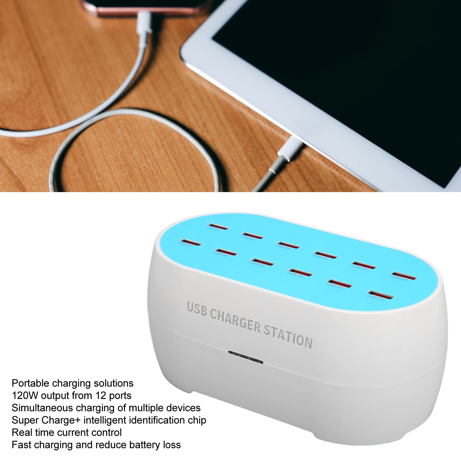 Caricabatterie USB, 120 W 12 Porte Controllo Corrente Stabile in Tempo Reale Carica Rapida 100‑240 V Stazione di Ricarica USB per Telefono per Casa (Spina UE)