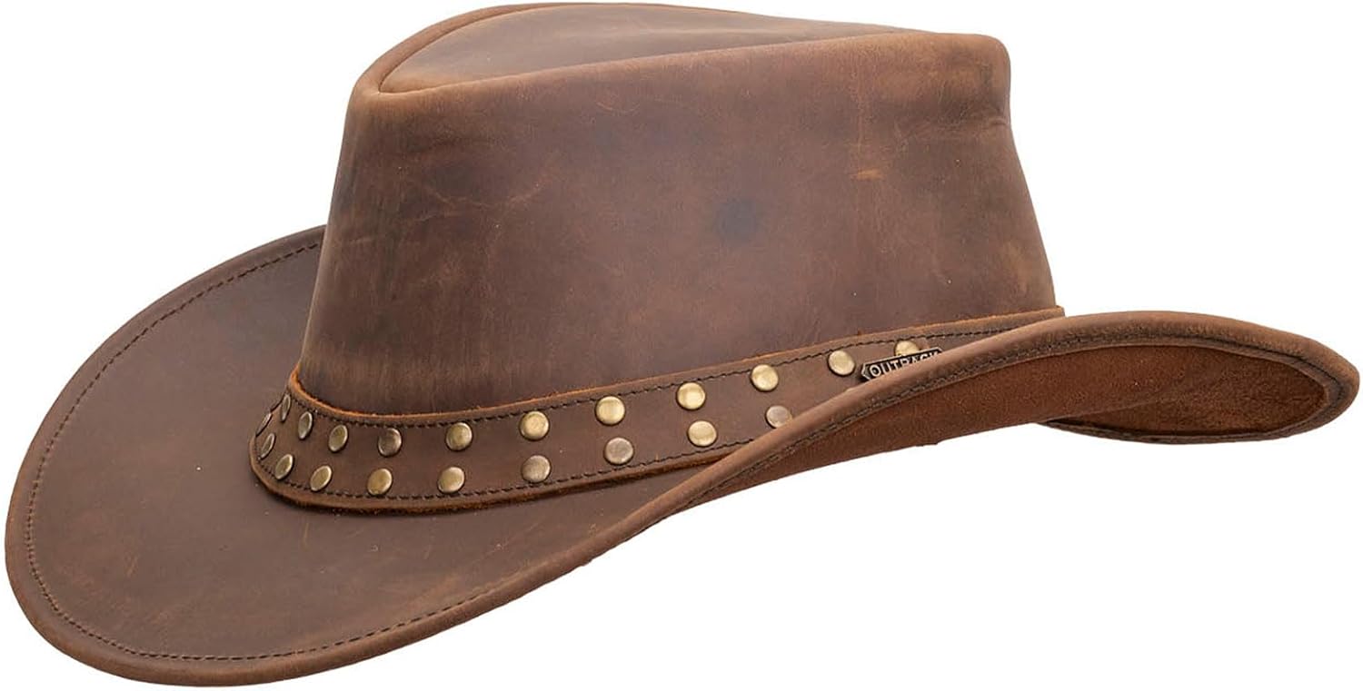 Outback Trading Unisex Adult's Hemlock Leather Durable Brown Cowboy Hat with Chin Cord, Wire Brim & Double Studded Hatband - Image 4