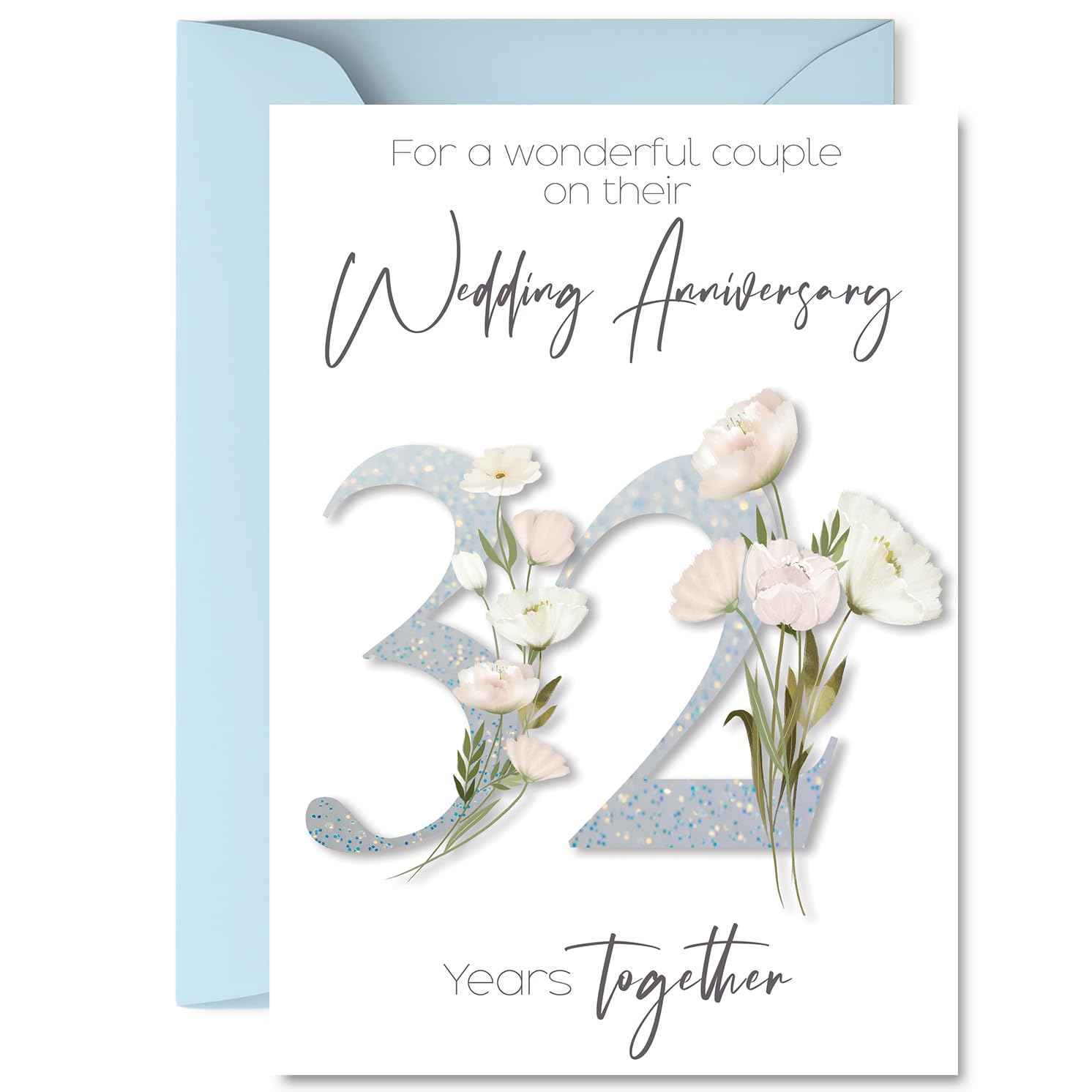 32nd Anniversary Card for Women Men - Fancy Floral Flowers - Happy 32 Year Anniversary Card for Girlfriend Partner Wife Husband, A5 Wedding Anniversaries Greeting Cards