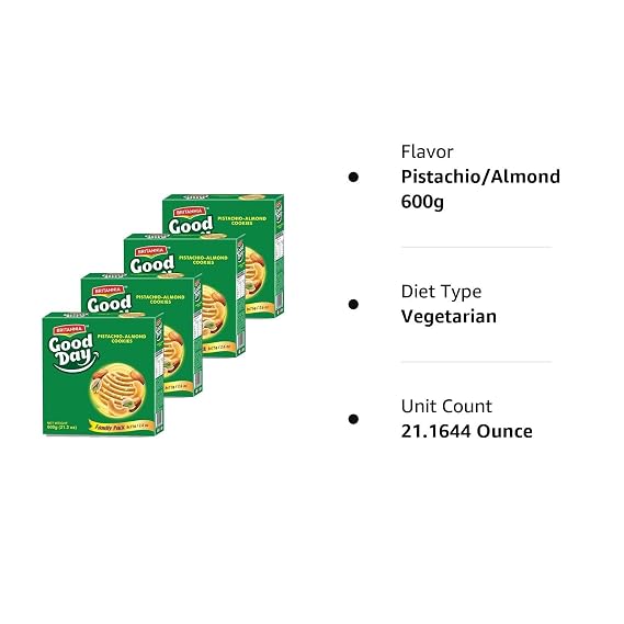 Britannia Good Day Pistachio/Almond Cookies Family Pack 21.2oz (600g) - Breakfast & Tea Time Snacks - Delicious Grocery Cookies (Pack of 4)