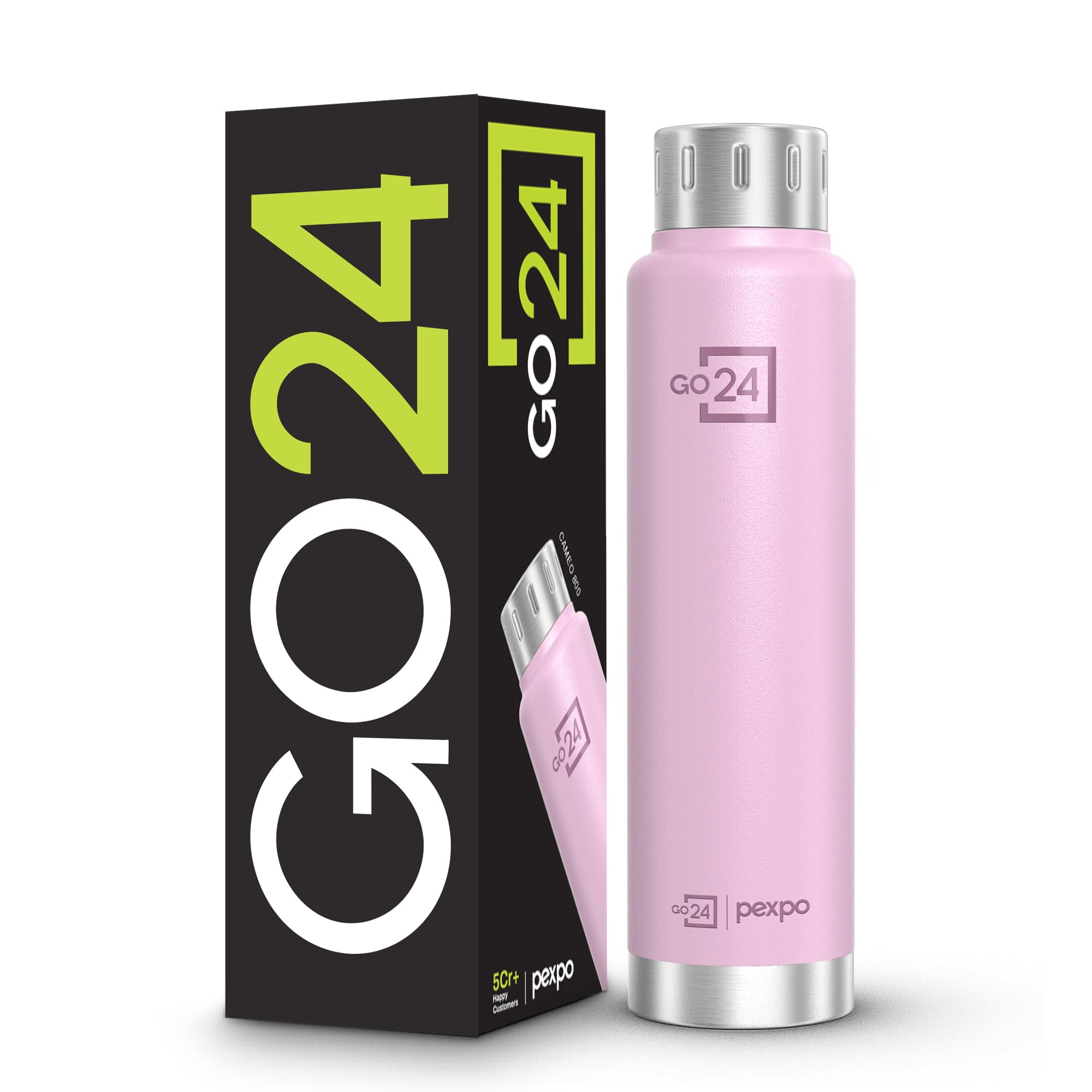 Go24 pexpo Cameo ISI Certified Stainless Steel Vacuum Insulated Flask - 500ml | 2-Year Warranty | Double Wall Hot & Cold Upto 6-8 Hours | Office, School, Gym, & Travelling - Baby Pink