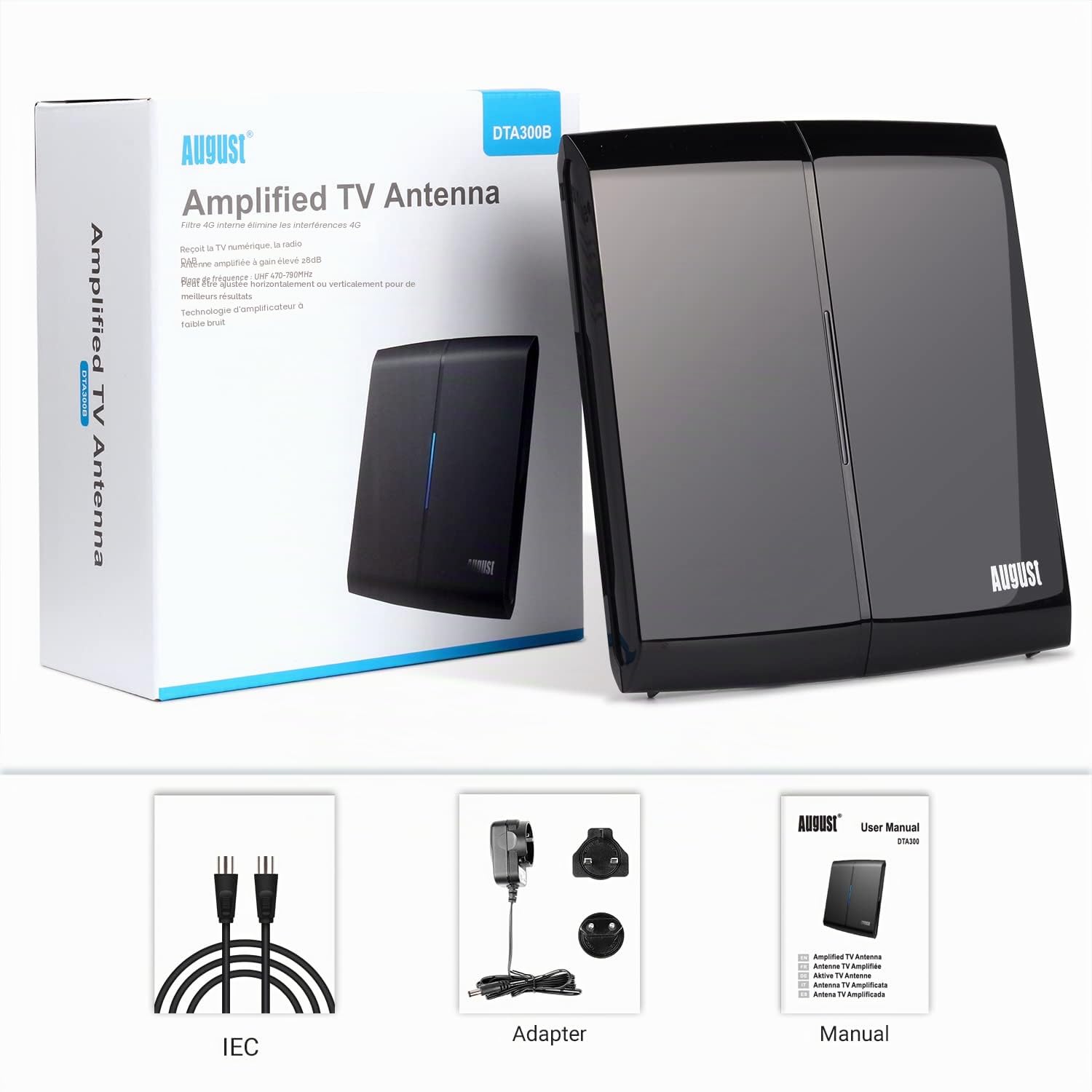 August DTA300 - Antenne TV Interieur Puissante Amplifiée TNT HD Numérique - Filtre 4g, Haut Gain, Booster, Petite et discrète, France Belgique, UHF VHF, Cable 2m, Maison, Caravane - Noir