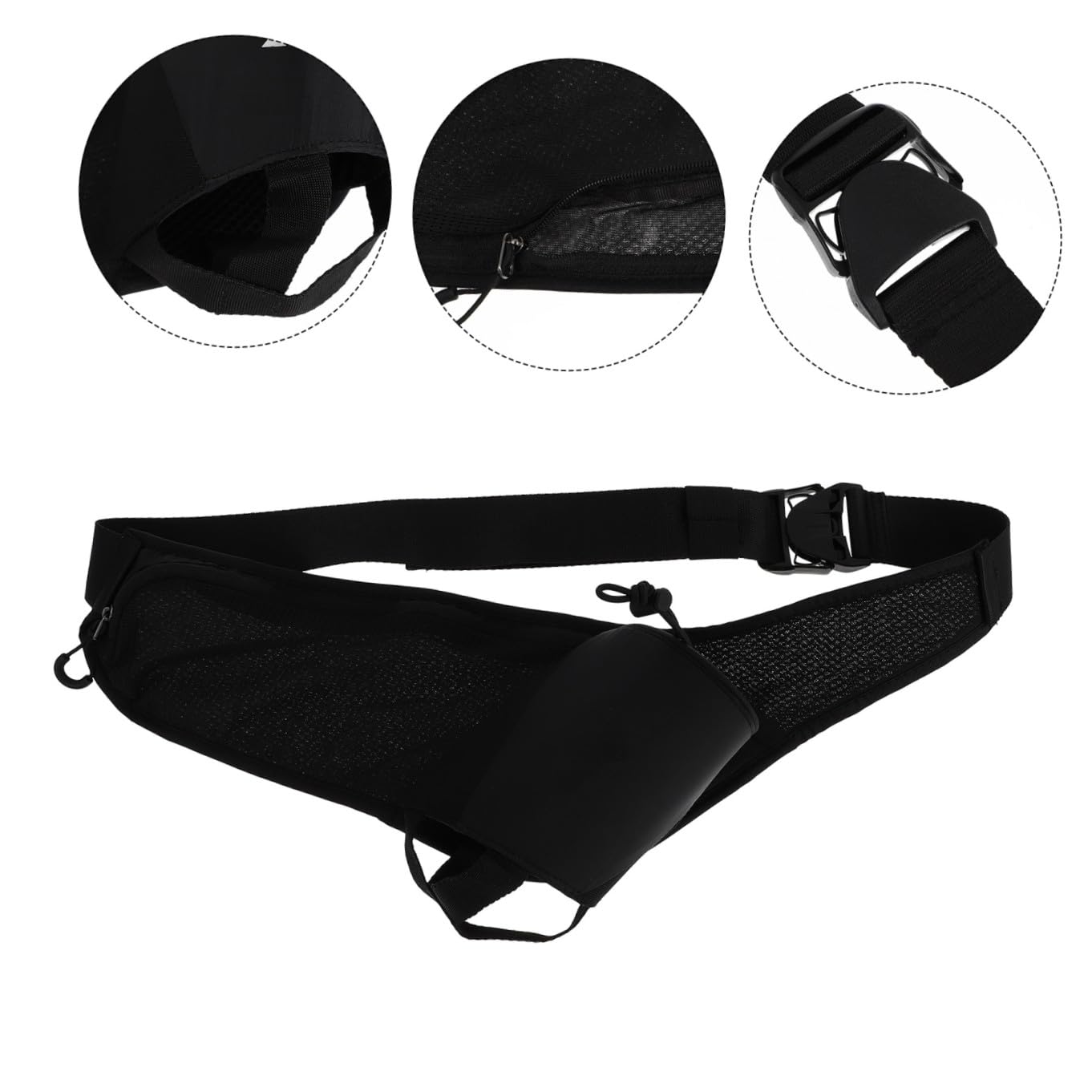 UKCOCO Riñonera para Correr con Portabotellas de Nylon Negro | Diseño de Cintura, Cremallera Suave y Resistente, para Running y Viaje al Aire Libre