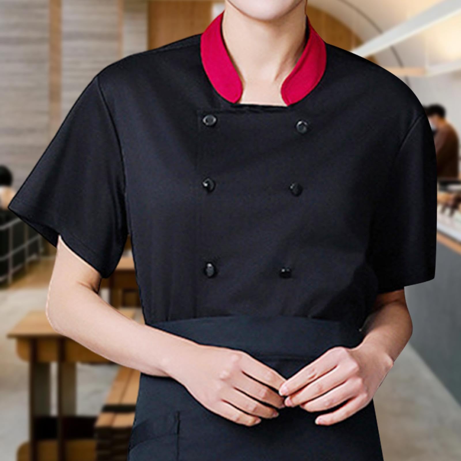 Vaveren Unisex Chef Uniform Short Sleeve Kitchen Work Clothes for Pub Kitchen Restaurant, Black XL