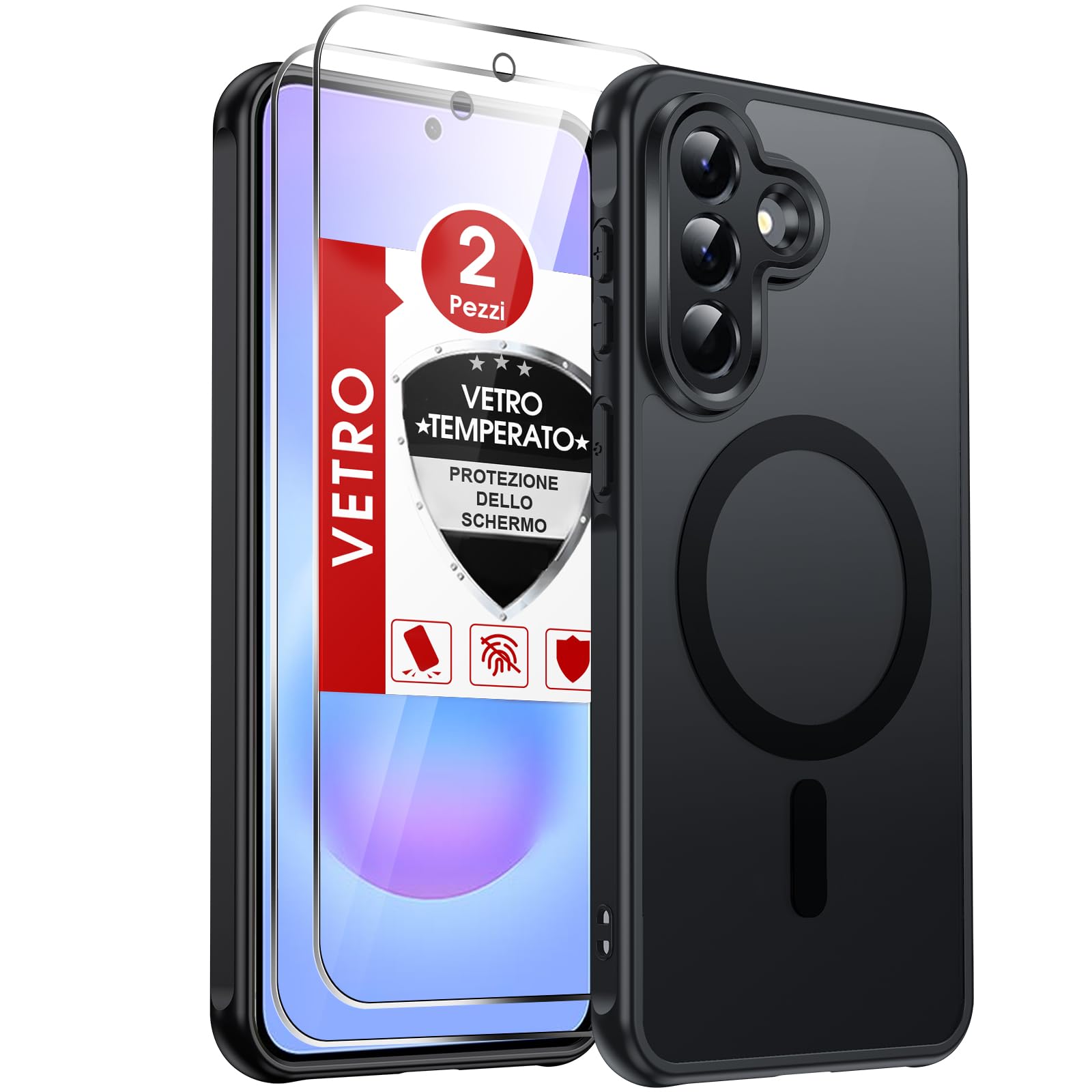 LeYi Cover Magnetica per Samsung Galaxy A57 5G con 2 Pezzi Vetro Temperato, Custodia per A 57 Traslucida Opaca Anti-Impronte Resistente ai Graffi Paraurti in TPU Antiurto Protettiva Case, Nero