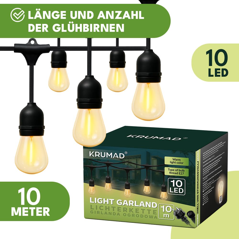 KRUMAD Cadena de luces LED para exteriores de 10 m, bombillas E27 de luz blanca cálida 2700K, IP44 resistente a la intemperie, iluminación para fiestas para jardín, balcón, terraza, cadena de luces