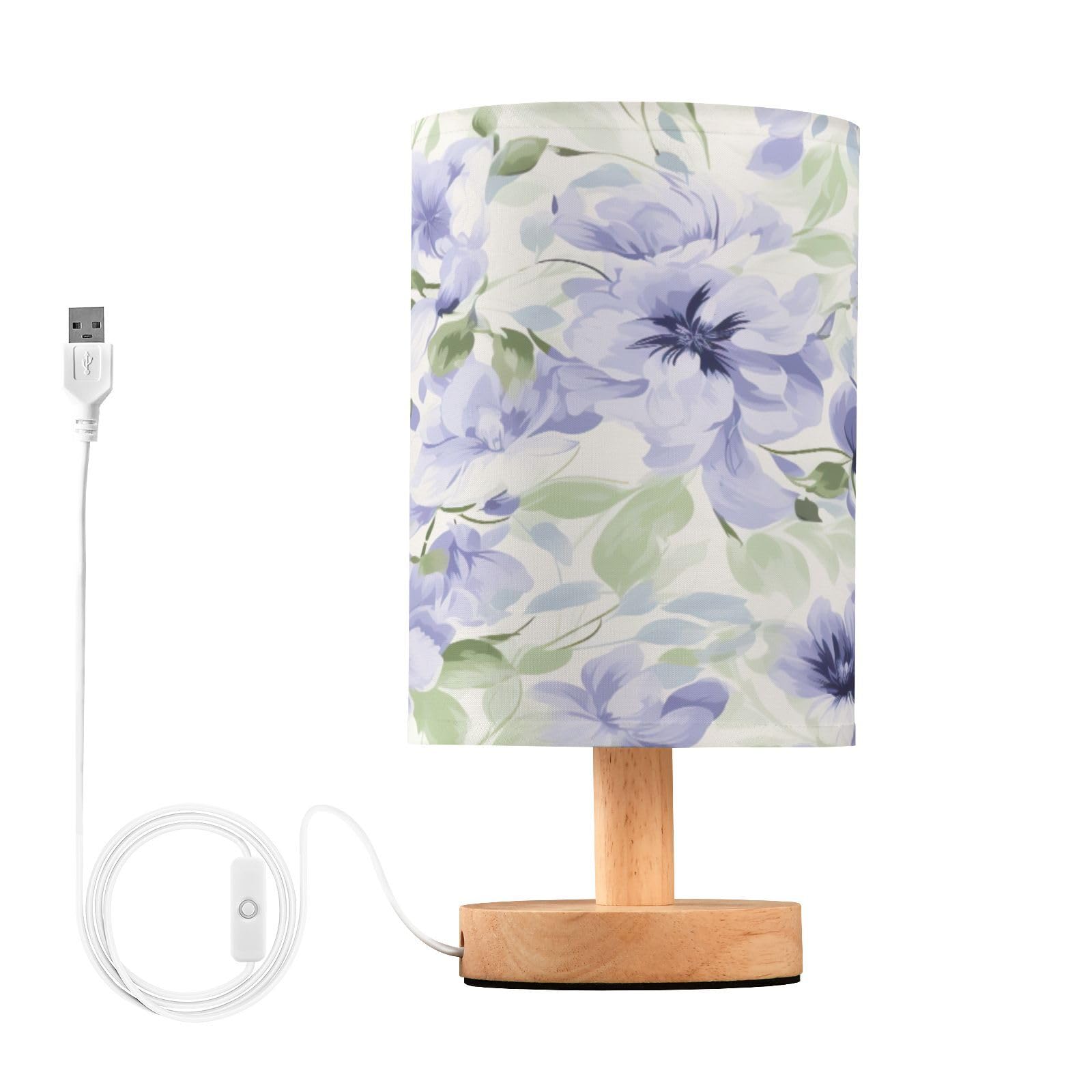 SDMKA Purple and White Floral Bedside Table Lamp for Bedroom, Minimalist Nightstand Lamp with Round Fabric Shade for Living Room, Office, No Bulb Required