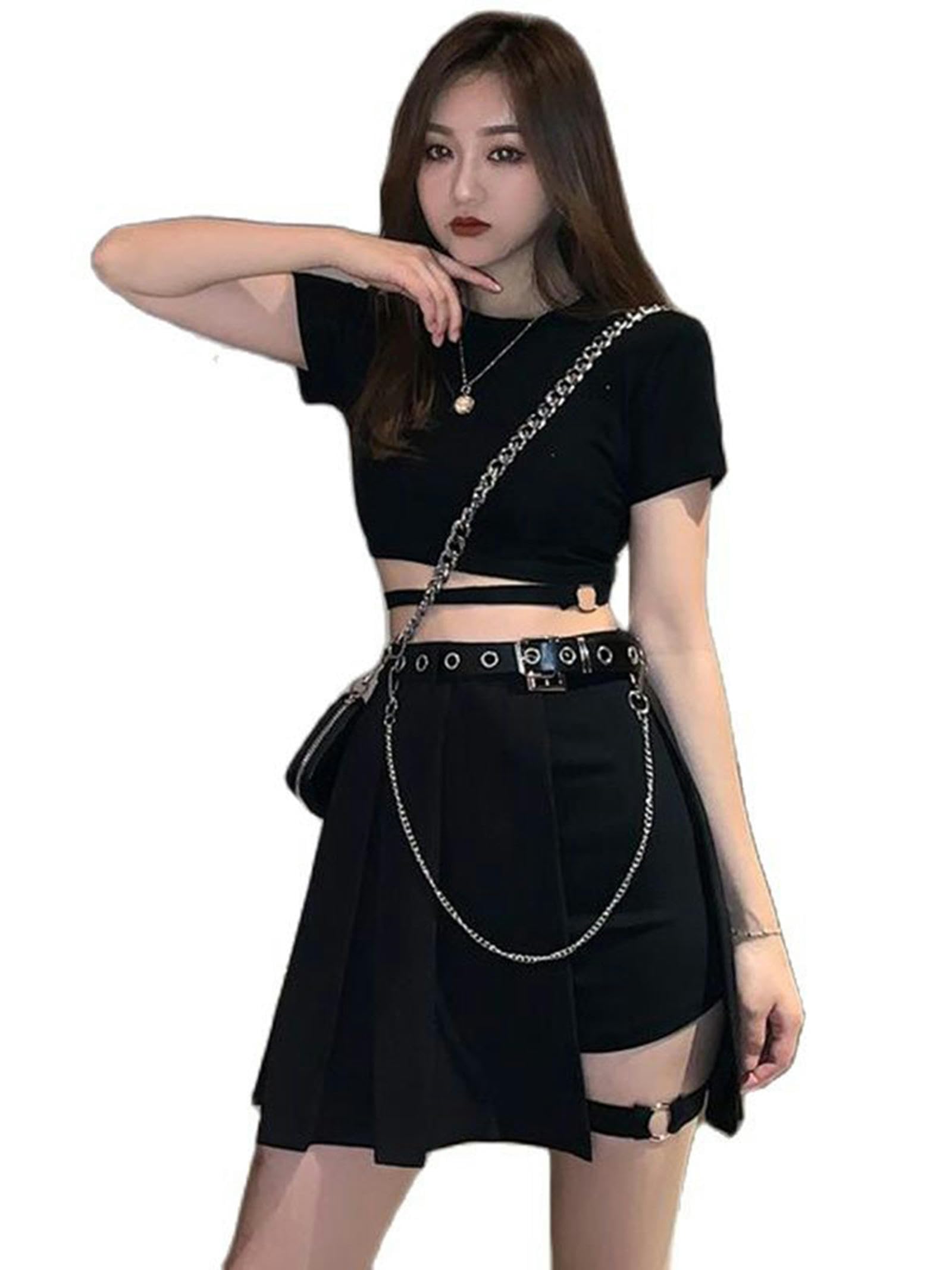 Sommer Y2K Cool Girl Hip Hop Zweiteiliges Rock-Set Streetwear Harajuku Kette Crop Top + Mini-Faltenrock-2 Stück-M