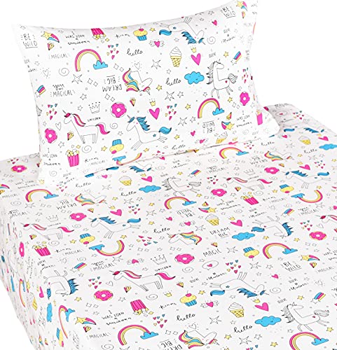 Scientific Sleep Unicorn Like Doughnut Rainbow Cake Popcorn 100% Cotton Cozy Twin Bed Sheet Set, Flat Sheet & Fitted Sheet & Pillowcase Boys Girls Bedding Set #TOP1