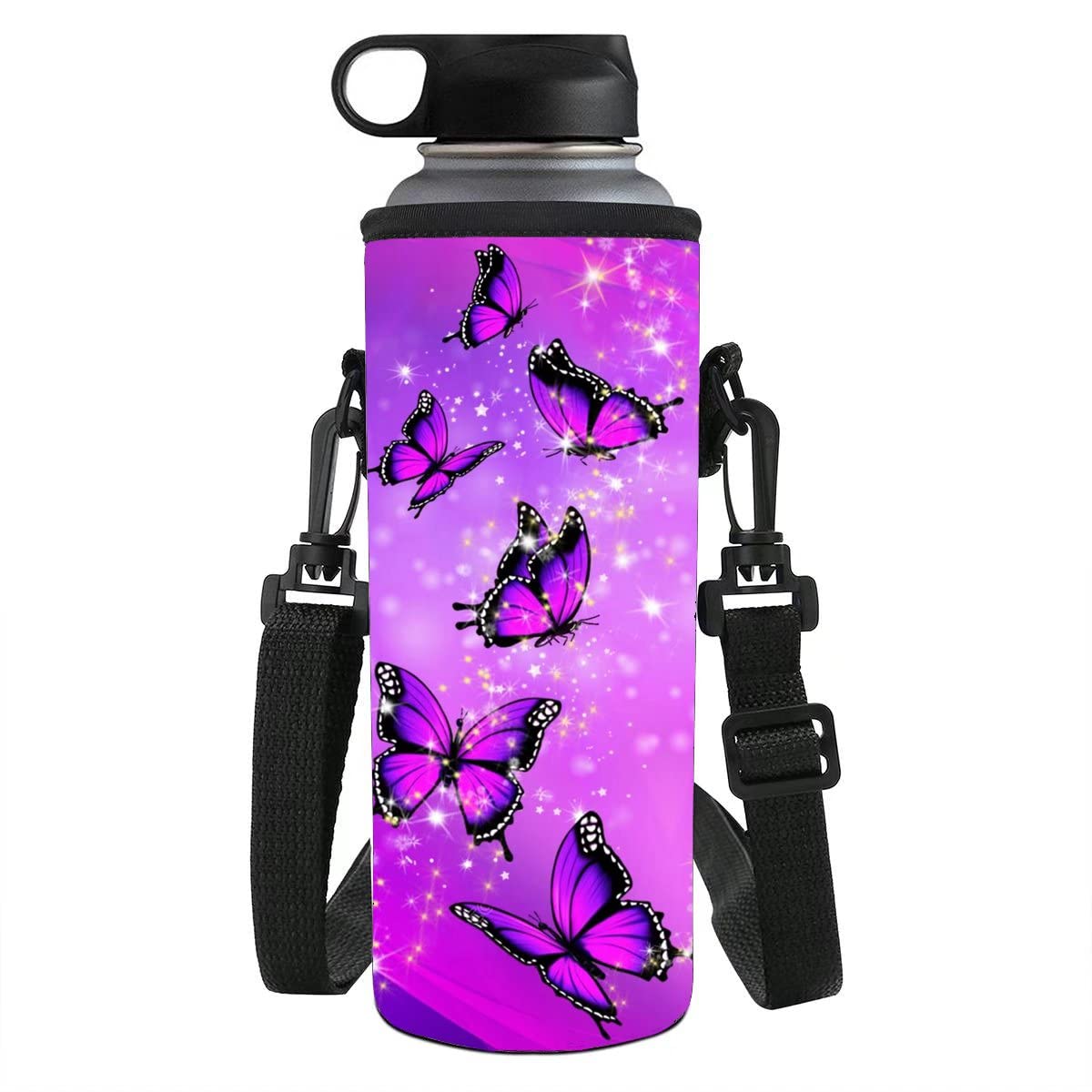 chaqlin Purple Butterfly Print Insulated Water Bottle Cover for Ladies Girls Outdoor Cycling Plastic Bottles 1000-1200ML Neoprene Water Bottle Holder โ image 1