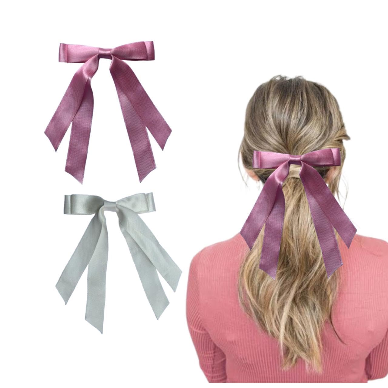 INHEAVEN 2PCS Silky Satin Hair Bows Hair Clip Pink White Hair Ribbon Ponytail Holder Accessories Slides Metal Clips Hair Bow (Pink & beige) (B0D15JT8DK) Amazon Price History, Amazon Price Tracker