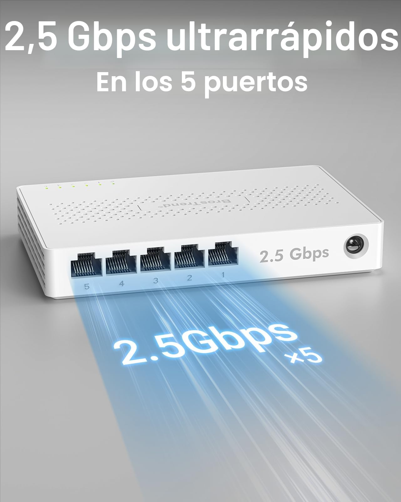 BrosTrend Switch Ethernet 2.5Gb 5 Puertos, no Gestionado Switch Red sin Ventilador, 2,5G Conmutador Gigabit para Videoconsola, PC, NAS, Plug & Play, Montaje en Escritorio o Muro, Vida ÚTI Protección