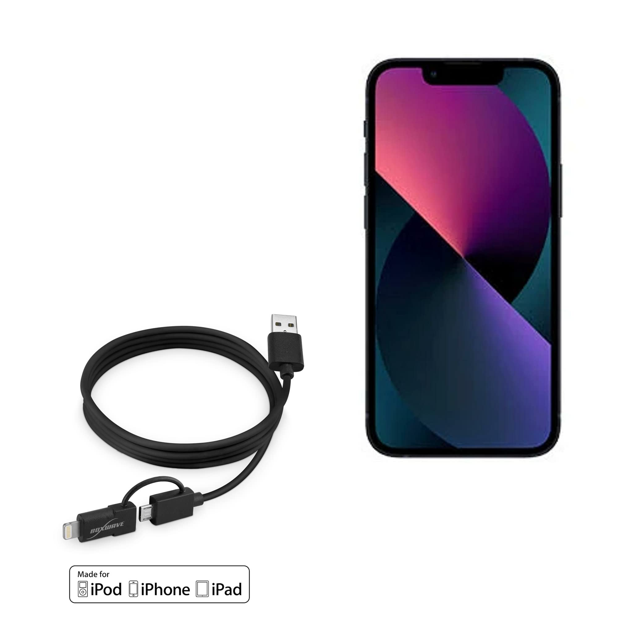 BoxWave Cable for Apple iPhone 13 Mini (Cable iDroid Pro Cable, 2 in 1 Micro USB to MFi Lightning Cable Adapter for Apple iPhone 13 Mini - 3 ft - Black