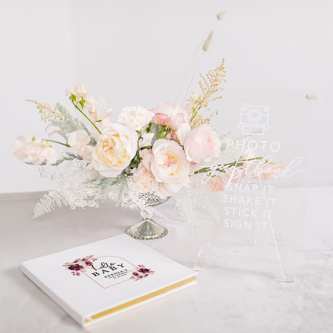 Andaz Press Personalized Baby Shower Guestbook with Gold Accents, Boho Arch Burgundy Florals Custom Guestbook, White Guest Sign-in Registry, 120 Pages 8.5" Memories Book for DIY Scrapbook Photo Album
