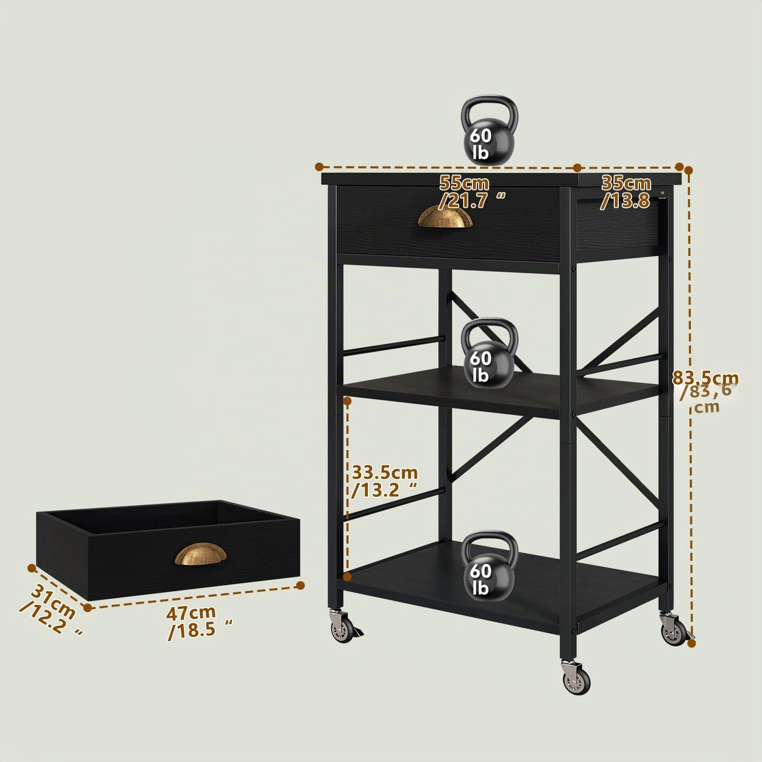 IBUYKE – Étagère boulanger de cuisine avec tiroirs, support à 3 niveaux pour four à micro-ondes avec espace de rangement, table de bar à café avec roulettes, étagère réglable, montage simple, noir