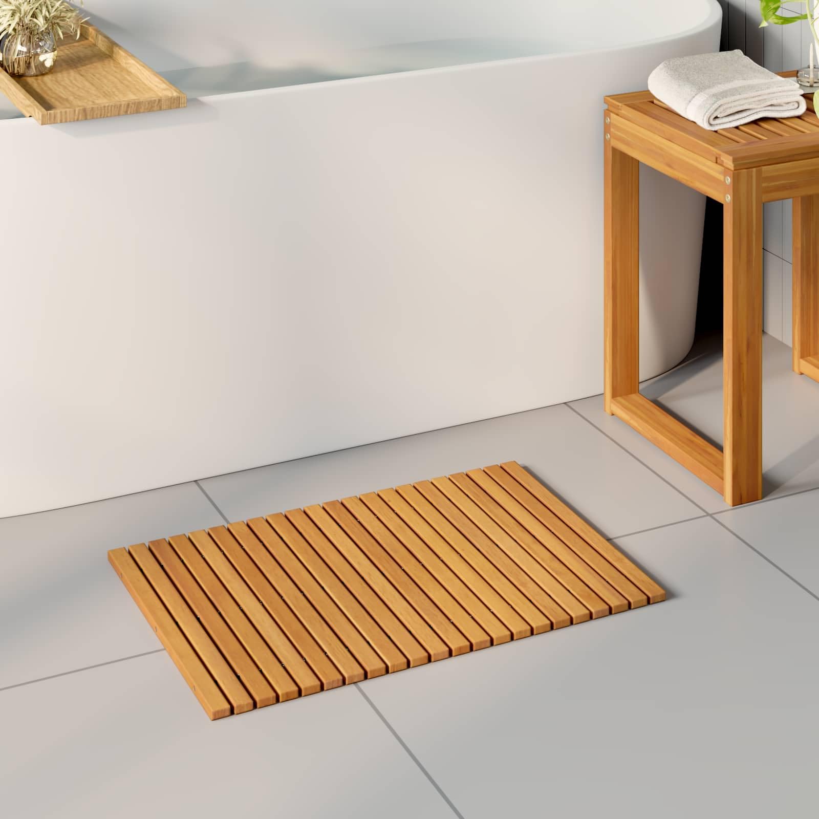 Alfombra de baño marrón de madera maciza de acacia, 60 x 40 cm, barnizada, antideslizante, ventilada, juego de 2 unidades para baño, ducha, bañera, sauna, inodoro e interior y exterior