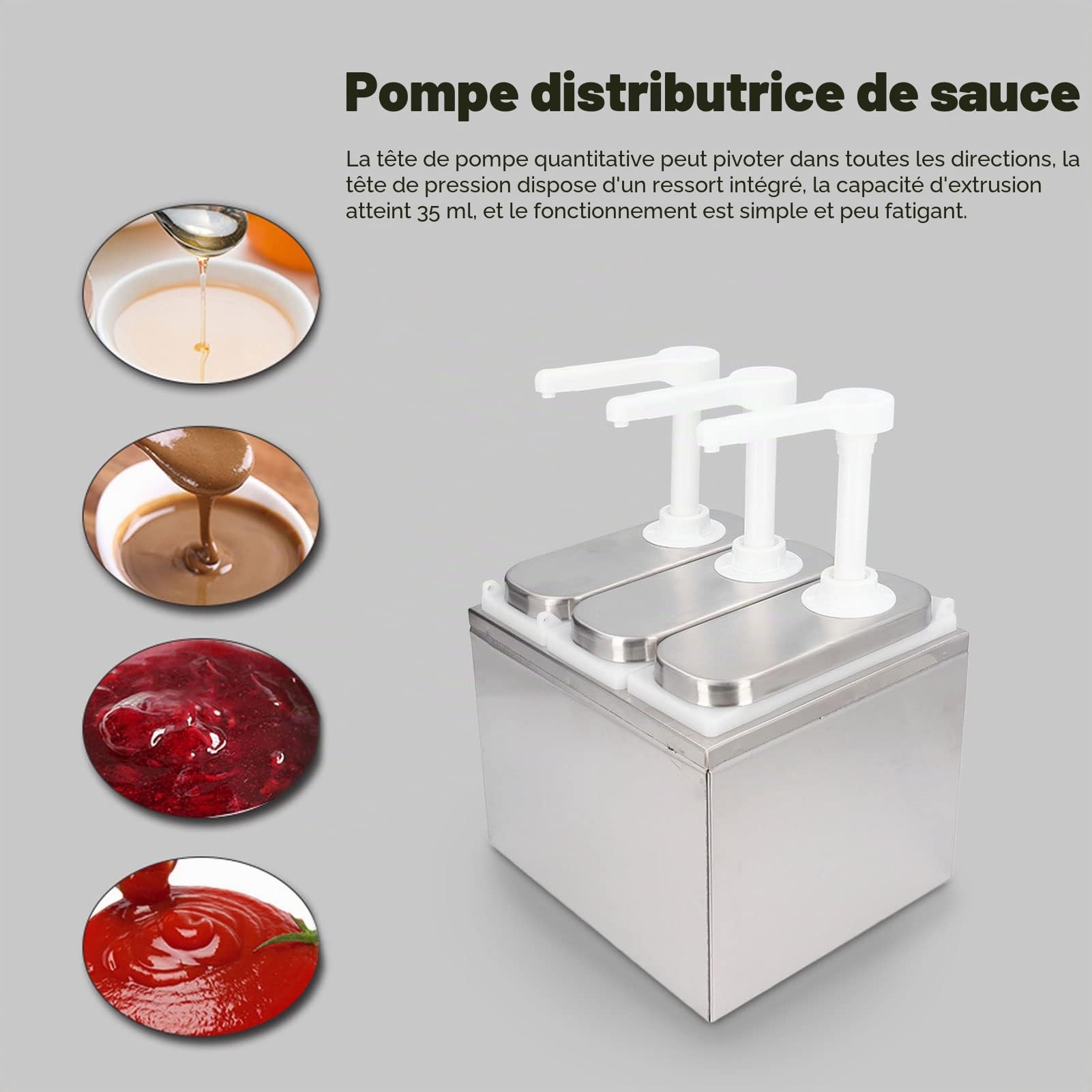 Distributeur de sauce avec pompe amovible de 1 l avec base pour ketchup, vinaigrette, sauce soja, vinaigre, mayonnaise pour cuisine et restaurant (3 pompes)