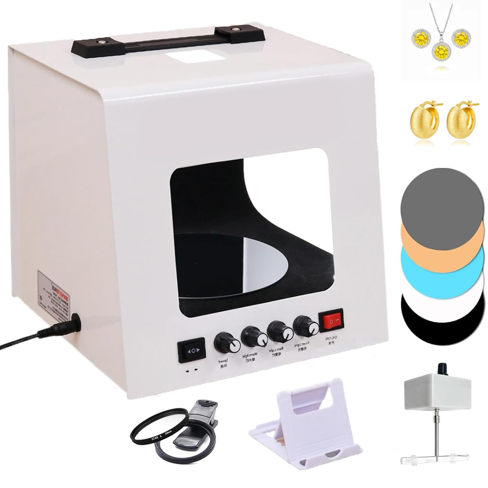 Kit di scatole luminose per studio fotografico con giradischi a 360°, luminosità regolabile, installazione portatile pieghevole per fotografia di gioielli, include sfondi bianchi e neri