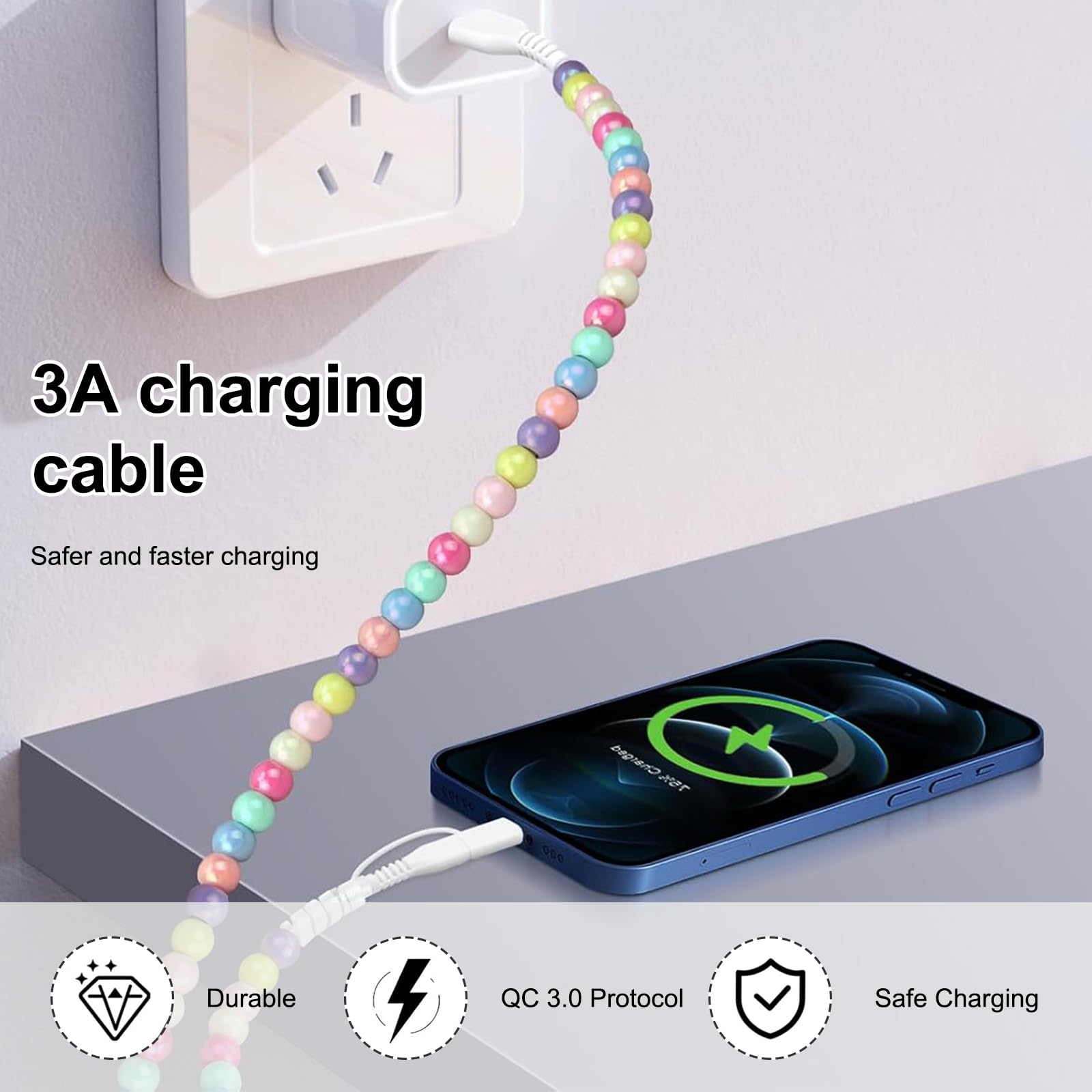 LIUQOBN Beaded Phone Charger Handmade Beaded 2-in-1 Colored Beads