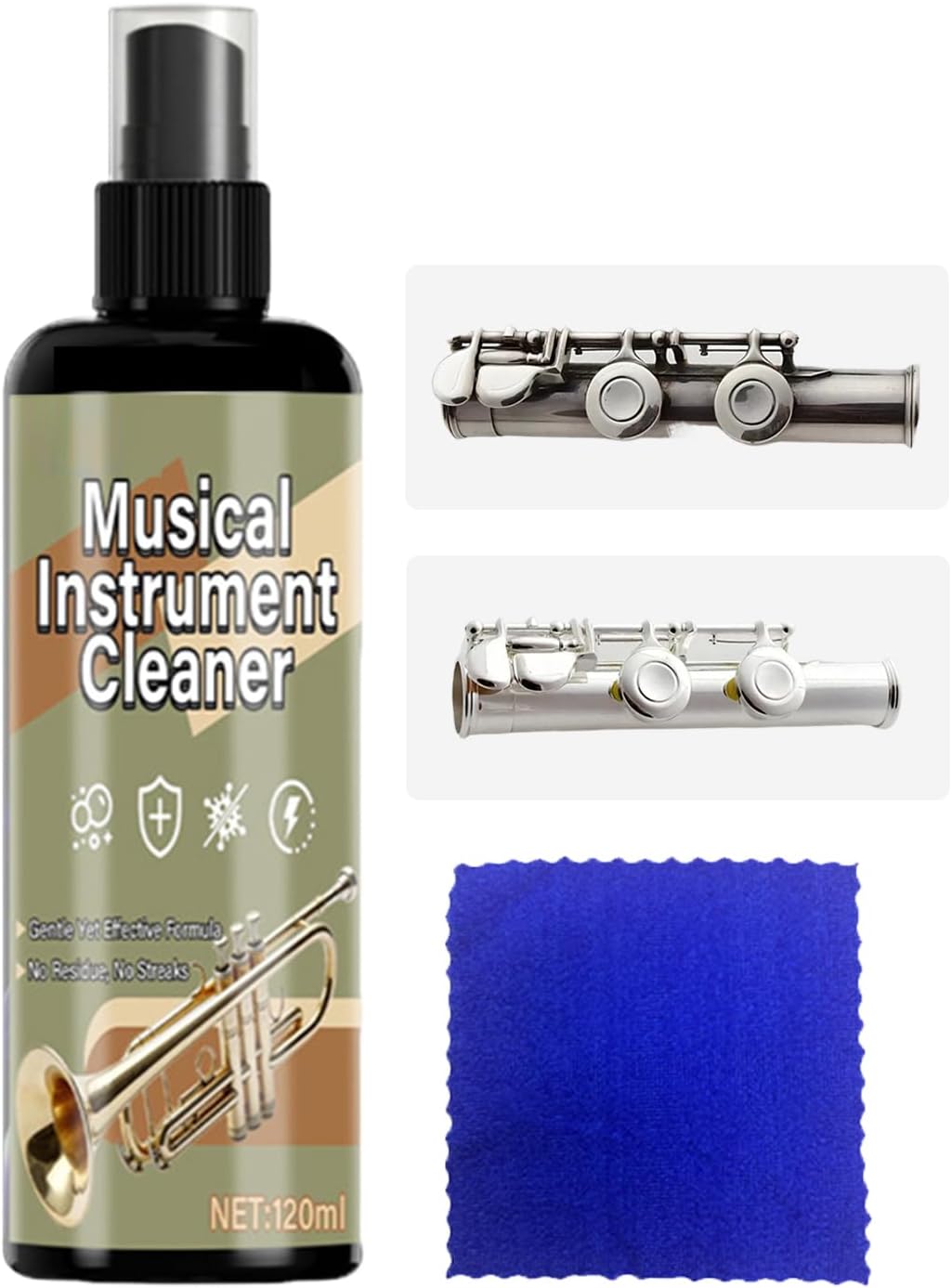 トランペット 用 クリーニング キット セット お手入れ 用具 楽器 メンテナンス ツール | 120ml フルート 液体 クリーナー | マイクロファイバークロス 付属 トランペット 洗浄 クリーニング スプレー,金管楽器 ブラス 金属 銅 素材 用 奏者 音楽家 メンテナンス 保管 ケア