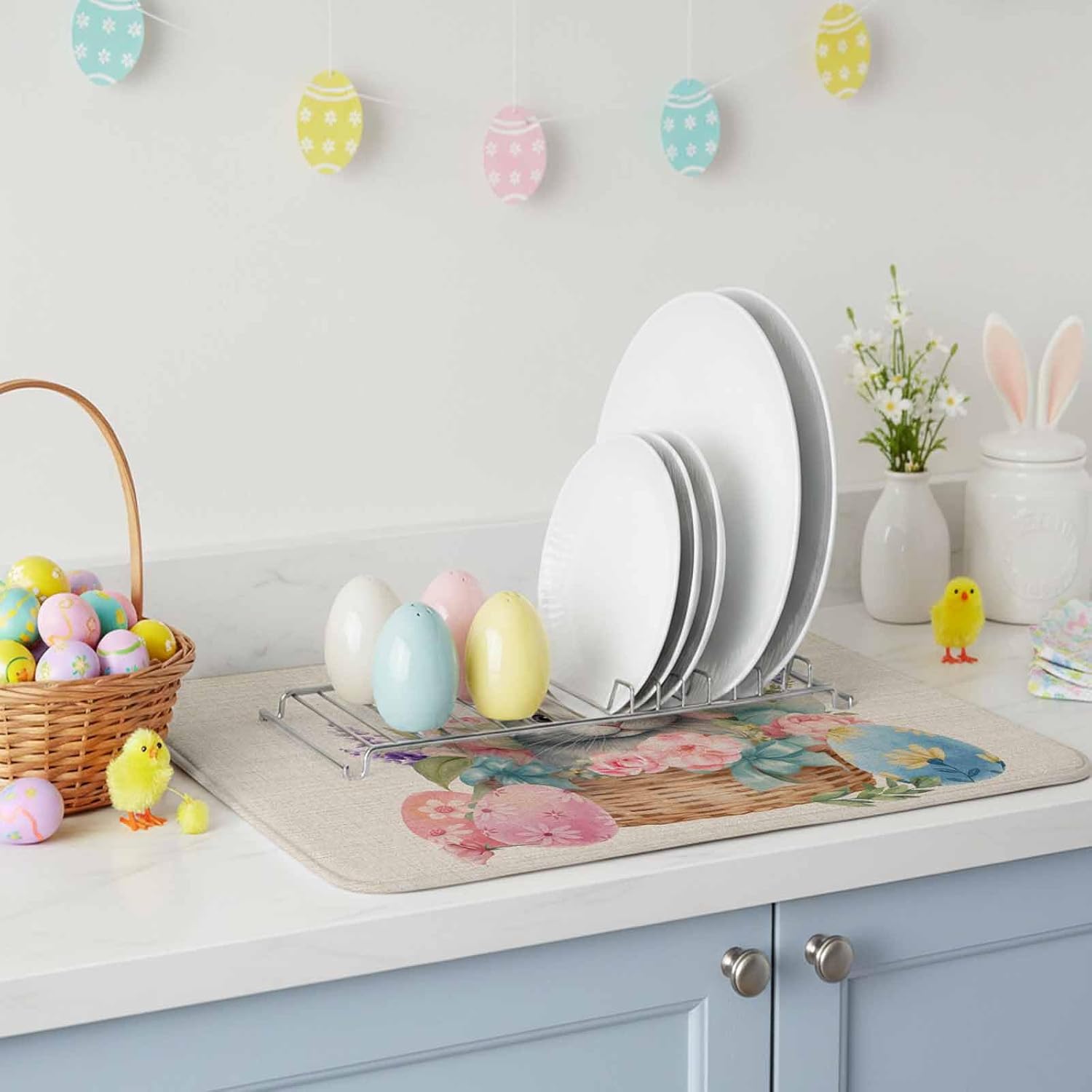Absorbent Dish Drying Mat for Kitchen Counter,Easter Egg Cute Bunny on Basket Microfiber Quick Dry Pad Dishes Drainer Rack Mats for Under Sink Utensils 18x24in,2 Pack,Colorful Flower on Burlap