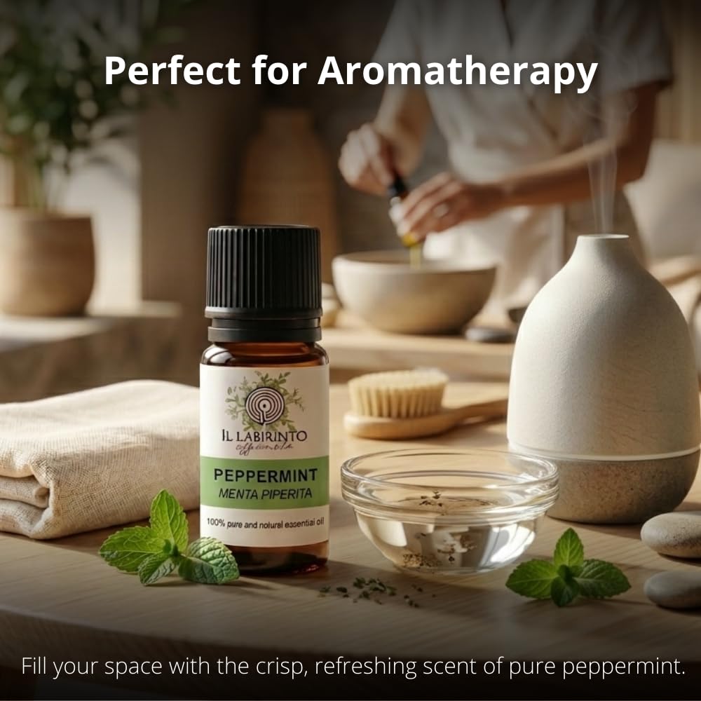 Olio Essenziale Menta Piperita puro alimentare Italiana Il Labirinto Officinale - Oli Essenziali Naturali - Olio essenziale per Diffusori e Umidificatori, Aromaterapia - 10ml