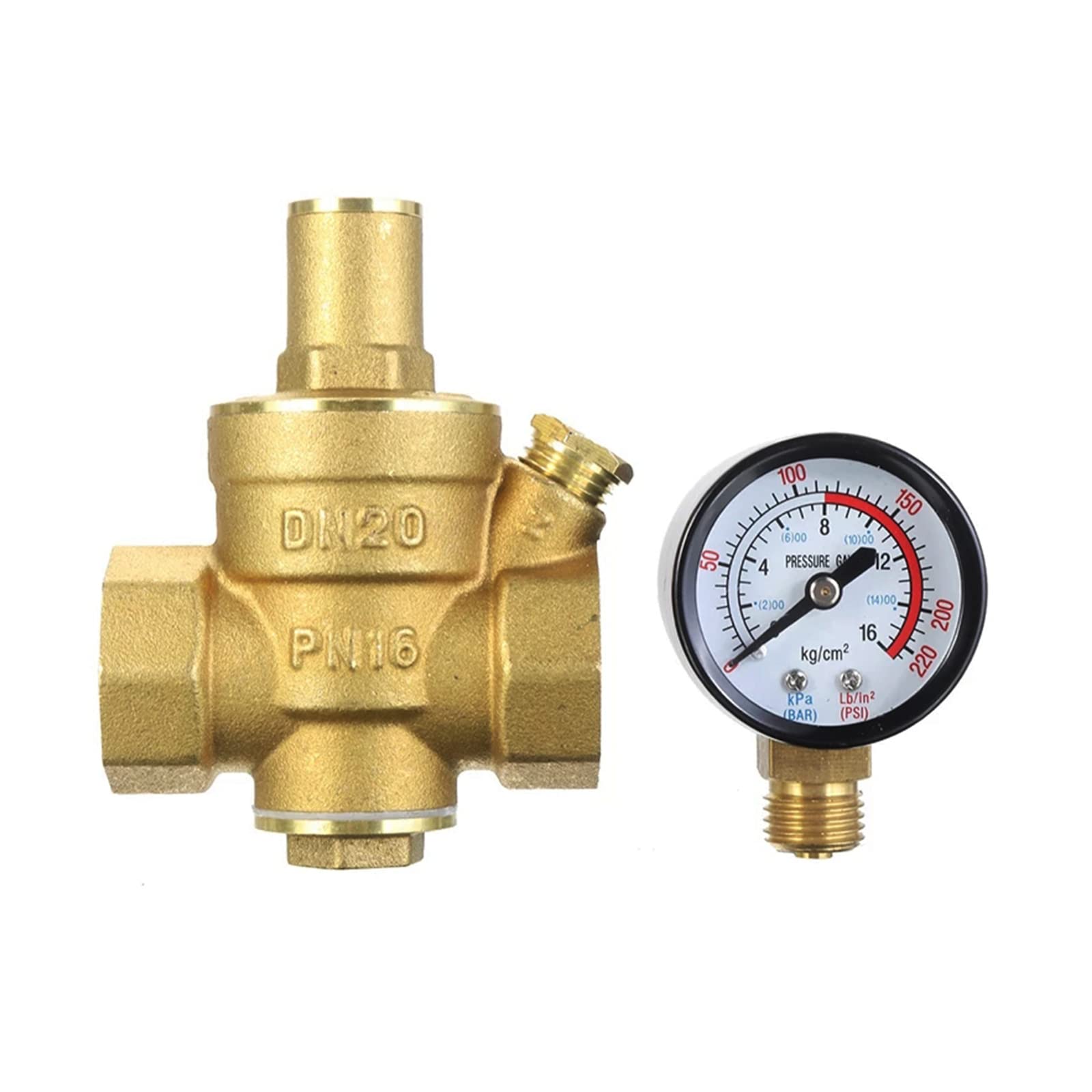 Régulateur de pression en laiton + manomètre, valve de surpression réglable, réducteur de pression d'eau avec outils de réglage (DN20 3/4")