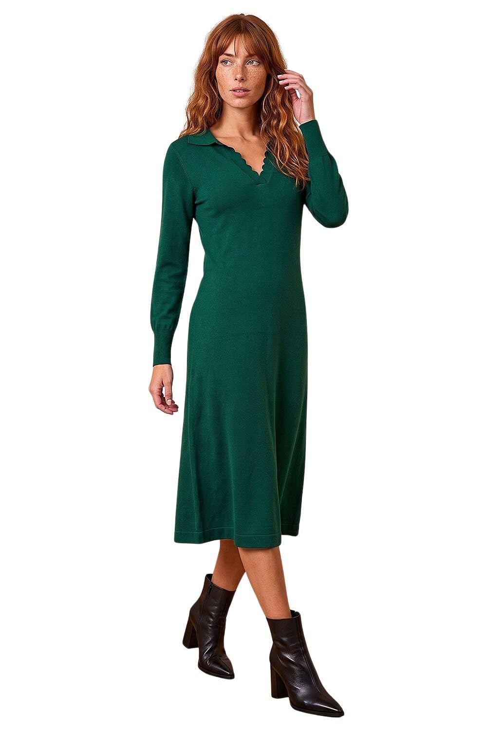 Roman Originals Women's Dark Green Scallop Detail Knitted Midi Dress For Uk - Everyday Autumn Winter V-Neckline Comfy Soft Evening Vacation Work Party Night Out - Size 20