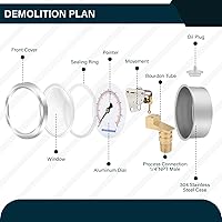 Vista 102 de MEASUREMAN - Manómetro hidráulico relleno de glicerina, totalmente de acero inoxidable, tamaño del dial de 2.5 pulgadas, montaje inferior NPT de 1/4