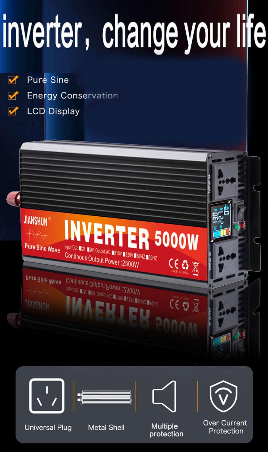 3000w 4000w 5000w 6000w Przetwornica Napięcia, Czysty Sinus Przetwornica Napięcia 12v Do 230v 240v, Ładowarka Samochodowa,5000W-60Vto220V
