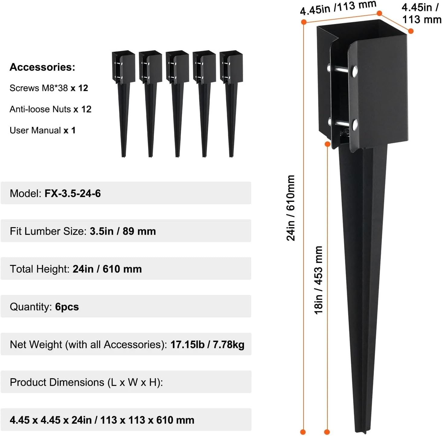 Fence Post Anchor Ground Spike Metal Fence Stakes 24 x 4 x 4 Inch 6 Pack