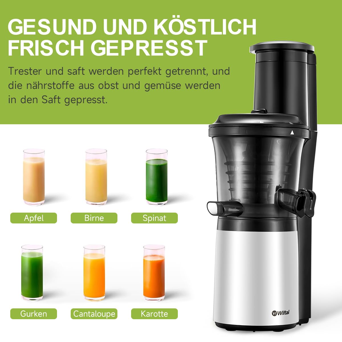 Wiltal Slow Juicer, Elektrischer Entsafter für Obst, Gemüse, Granatapfel, Zitrusfrüchte, Sorbet. 76-mm-Futterschacht mit Weitem Mund, BPA-frei, 150 W, Schwarz Weiß