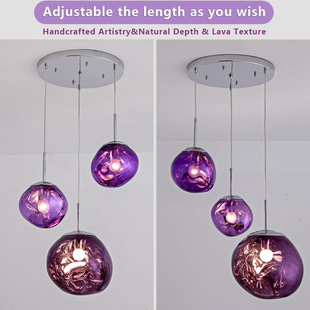 Sedelan 3-Light Purple Modern Pendant Light Fixture - Handmade PE Lava Texture Hanging Light with Adjustable Cord & Mirror Reflective Design for Kitchen Island, Dining Room, Bedroom