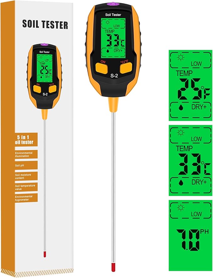 5 in 1 Soil Tester, Digital Soil Moisture Tester with Light/pH