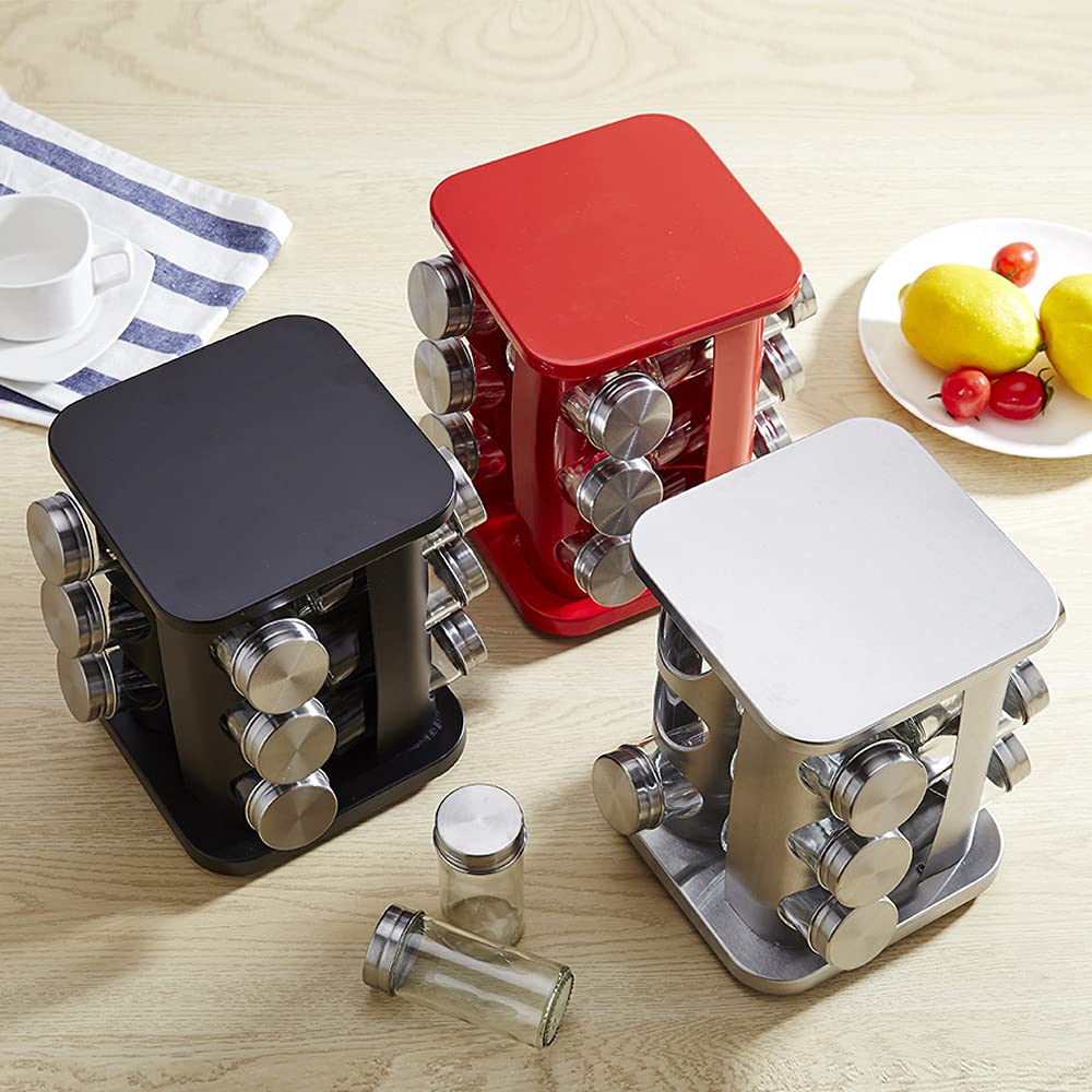 Étagère à épices rotative avec 12 pots, étagère à épices de comptoir avec 12 bouteilles en verre rechargeable pour armoire de cuisine, acier inoxydable, argenté
