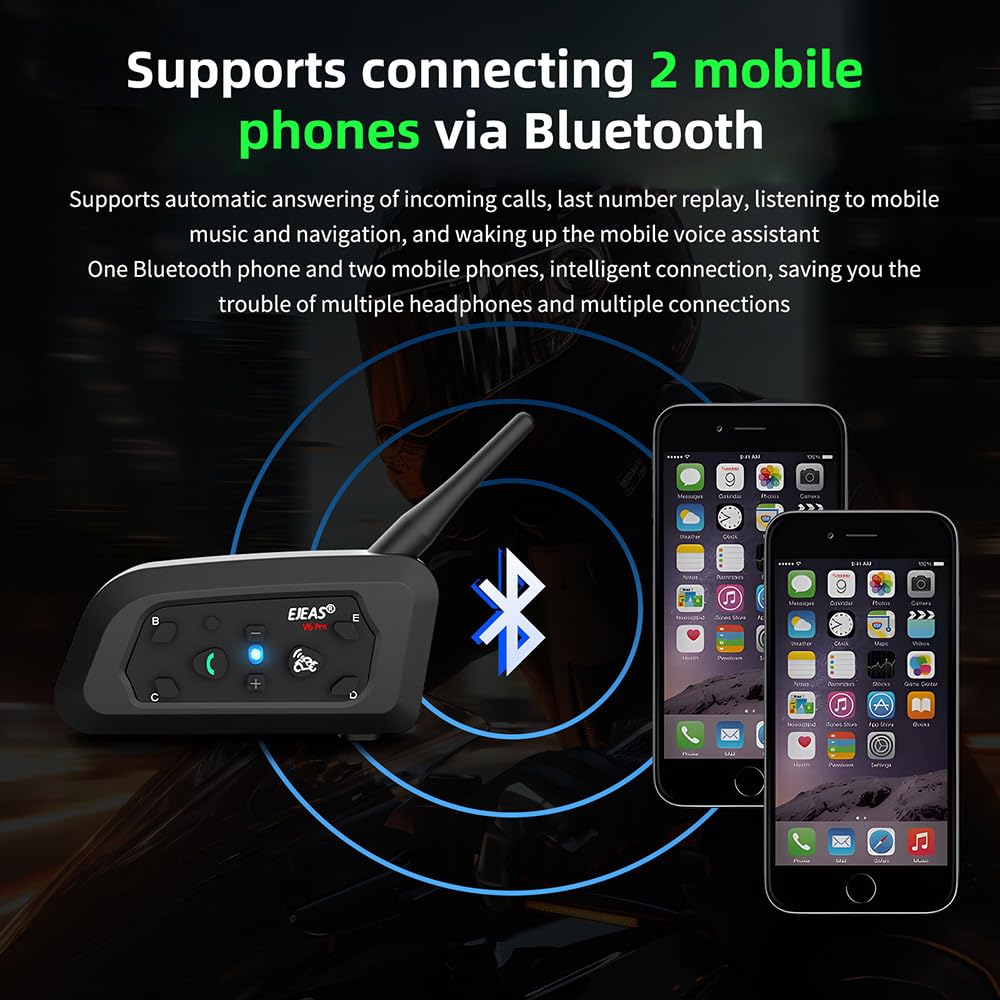EJEAS V6 Pro 1200M BT citofono del motociclo di Bluetooth citofono del casco della motocicletta Headset con controllo del rumore avanzata per un massimo di 6 piloti sci e l'equitazione (2 Pezzo)