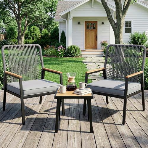 LIFERUN Lot de 3 chaises de jardin en osier - Chaises de balcon en métal et rotin - Avec coussin d'assise de 8 cm d'épaisseur - Cadre en métal robuste et...